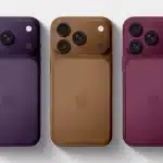 Three iPhone models in purple, gold, and red showing the rear camera design.