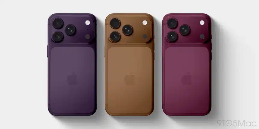 Three iPhone models in purple, gold, and red showing the rear camera design.
