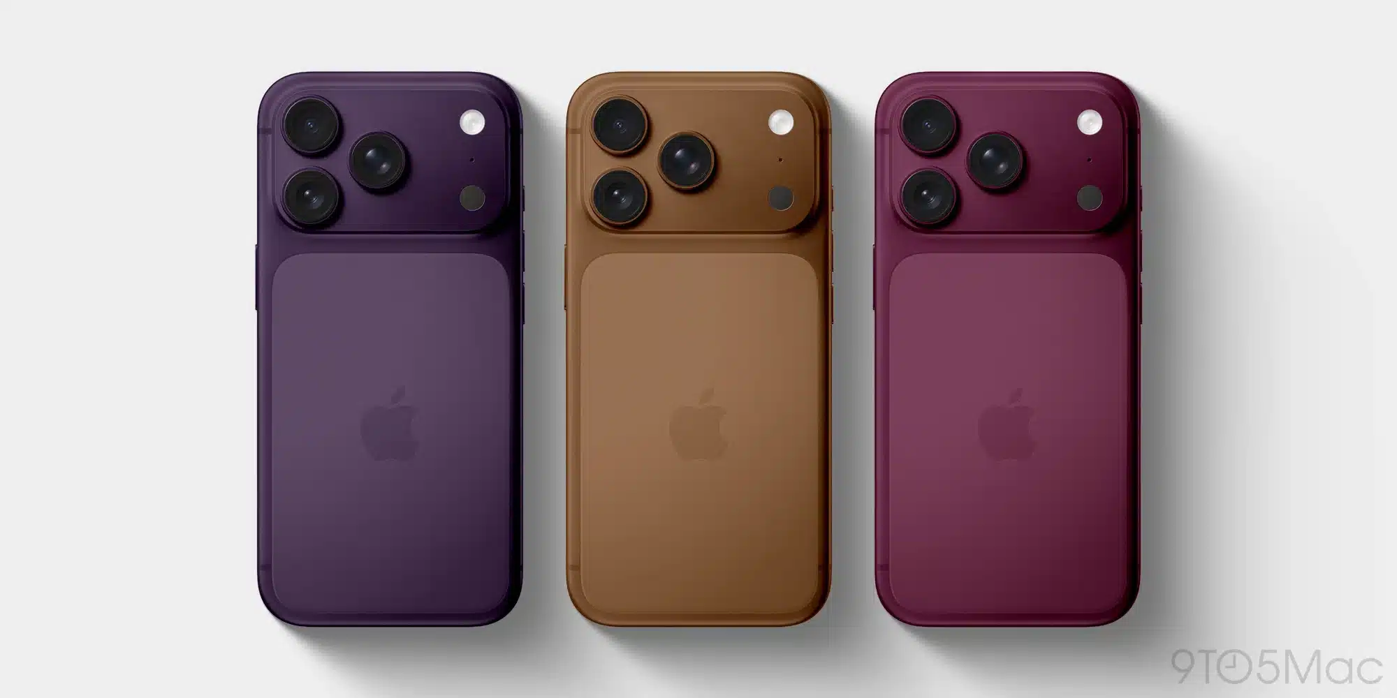 Three iPhone models in purple, gold, and red showing the rear camera design.