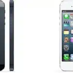 Front and back views of iPhone 5 in black and white colours.