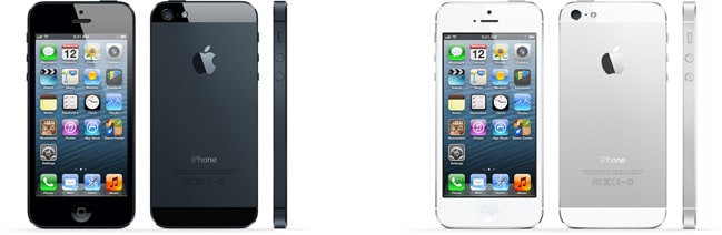 Front and back views of iPhone 5 in black and white colours.