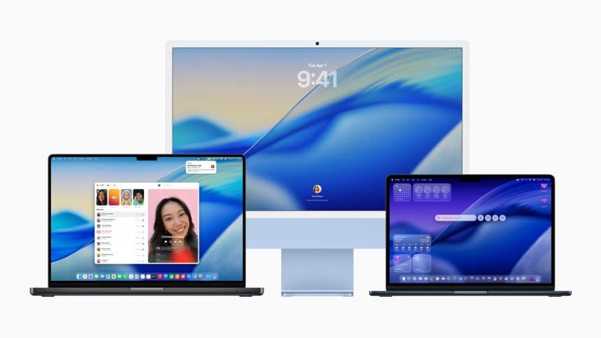 Mac computers displaying macOS Tahoe interface across desktop and laptops.