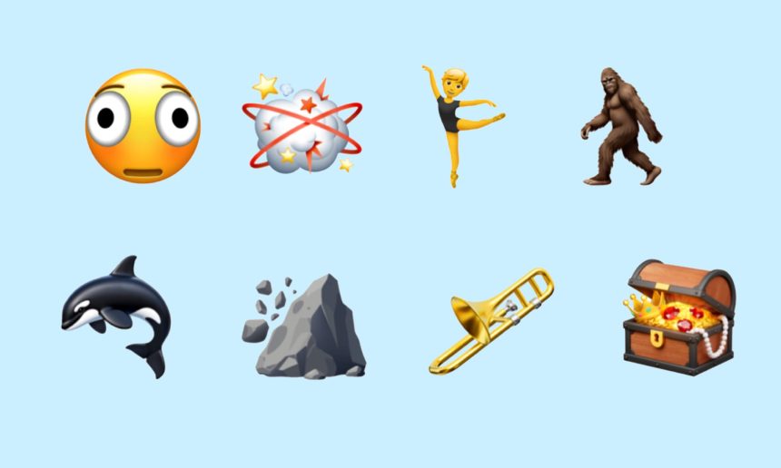 New emoji icons including Bigfoot, orca, trombone, treasure chest, and others.