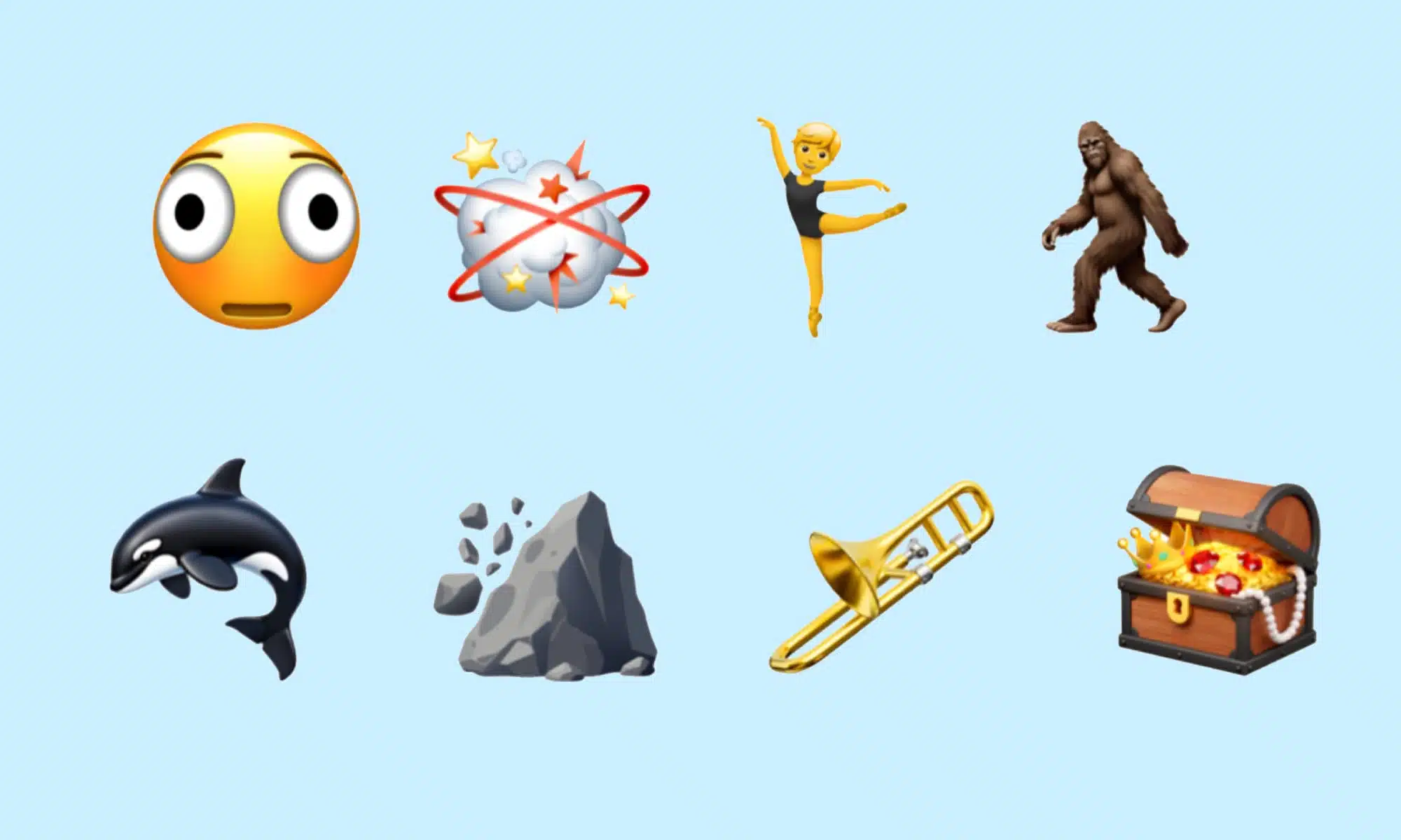 New emoji icons including Bigfoot, orca, trombone, treasure chest, and others.