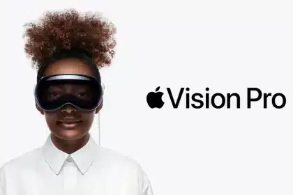 Person wearing Apple Vision Pro headset with logo displayed.