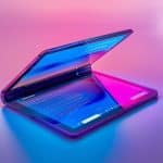 Foldable tablet partially open with dual screens on a colourful background.
