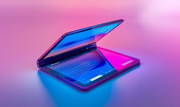 Foldable tablet partially open with dual screens on a colourful background.