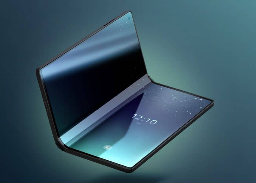 Foldable smartphone with dual screens and a central hinge, partially opened on a gradient background.