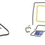 Simple Picasso-style sketches of Apple laptops and desktop computers.