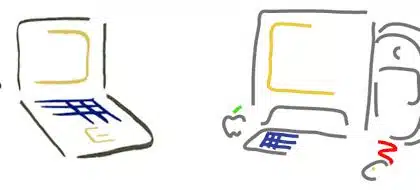 Simple Picasso-style sketches of Apple laptops and desktop computers.