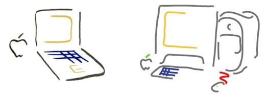 Simple Picasso-style sketches of Apple laptops and desktop computers.