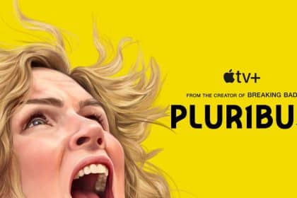 Poster for “Pluribus” on Apple TV+ with a woman screaming on a yellow background.