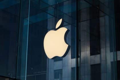Apple logo on a glass building exterior