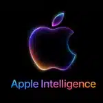 Apple Intelligence logo with glowing Apple icon on black background.