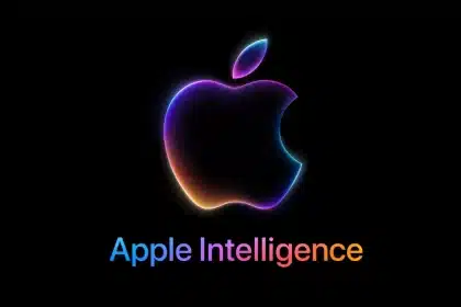 Apple Intelligence logo with glowing Apple icon on black background.