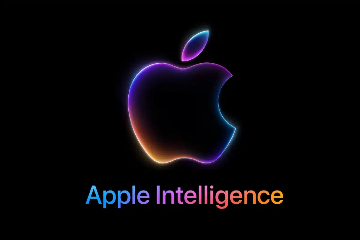 Apple Intelligence logo with glowing Apple icon on black background.