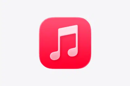 Apple Music app icon with a white music note on a red background.