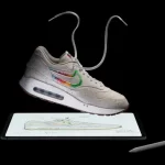 Sneaker floating above a tablet with a stylus.