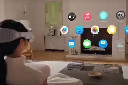 Person wearing a VR headset viewing apps in a living room.