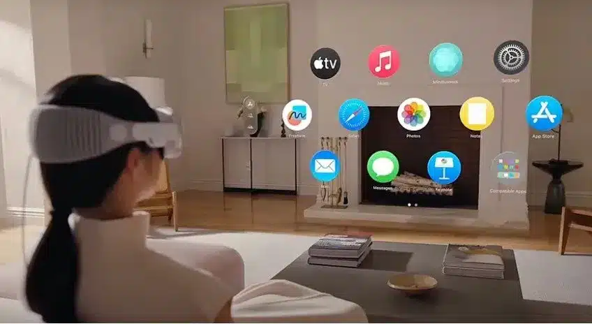 Person wearing a VR headset viewing apps in a living room.