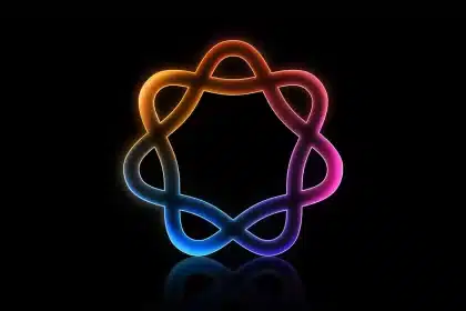 Colourful glowing Apple Intelligence logo on a black background.