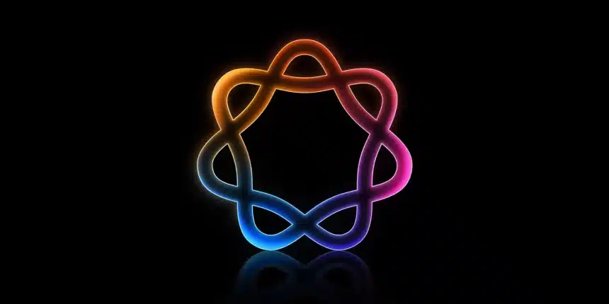 Colourful glowing Apple Intelligence logo on a black background.