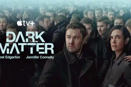 Dark Matter TV+ poster featuring Joel Edgerton and Jennifer Connelly in a crowded multiverse scene.