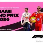 Miami Grand Prix 2026 banner with Formula 1 drivers and Apple TV logo.