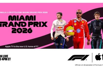 Miami Grand Prix 2026 banner with Formula 1 drivers and Apple TV logo.