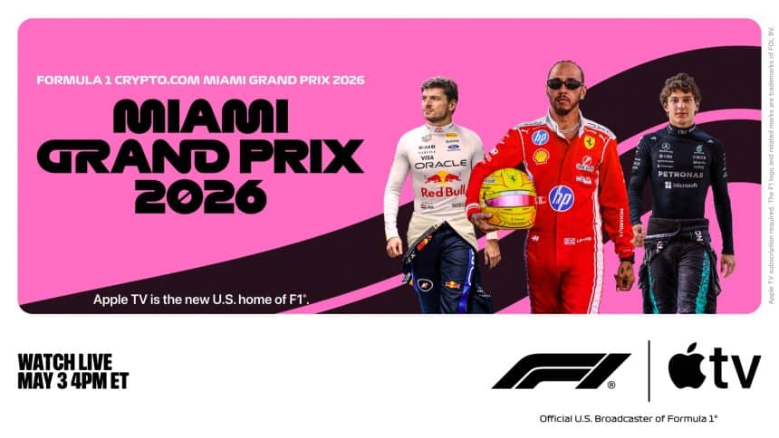 Miami Grand Prix 2026 banner with Formula 1 drivers and Apple TV logo.