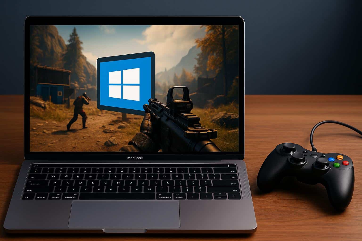 MacBook and Windows laptop side by side displaying popular video games for gaming performance comparison