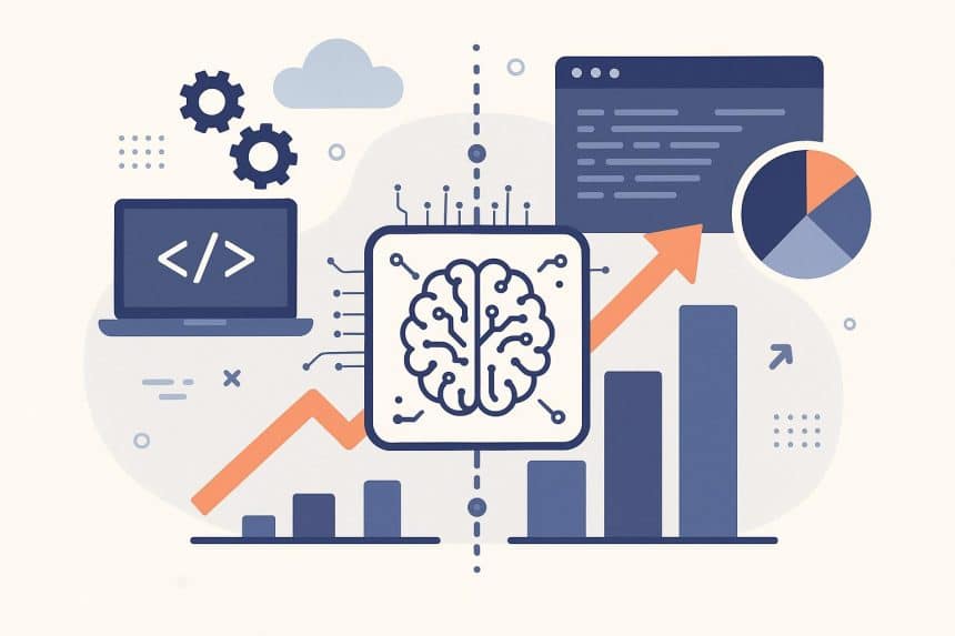 Abstract digital background with AI icons representing recent advancements in software technology