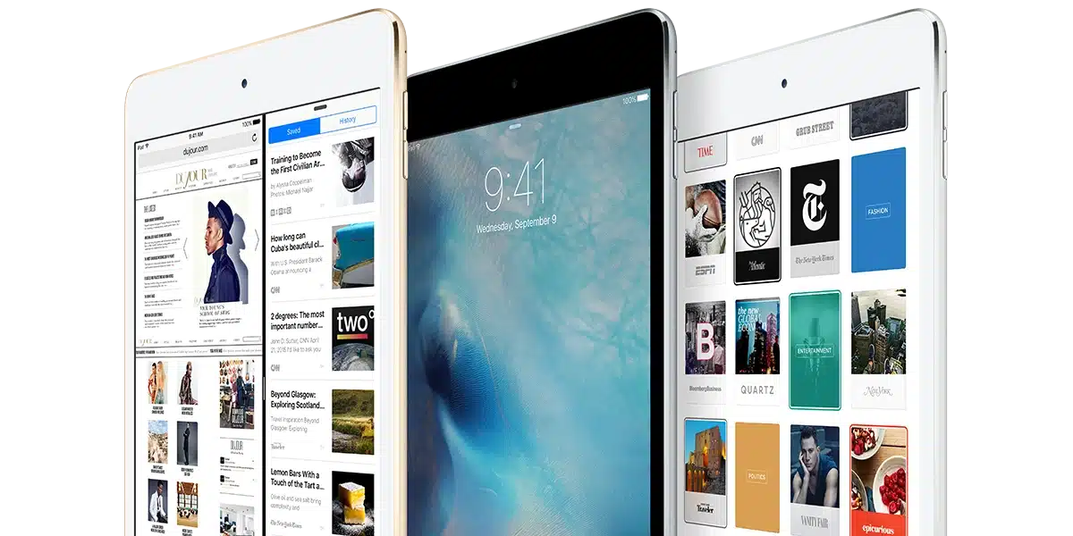 Three iPad mini 4 tablets showing different screens and apps.