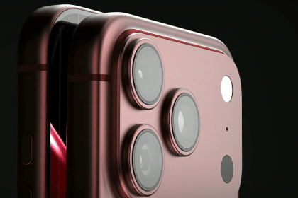 Close-up of a red iPhone 18 Pro triple-camera module.