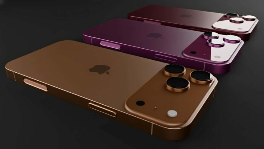 Three iPhone 18 Pro models in different colours with triple cameras.
