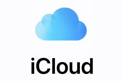 iCloud logo with blue cloud icon and text.