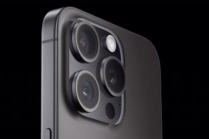 Close-up of iPhone Pro camera lenses on the back.