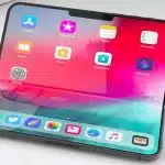Foldable iPhone opened to show a large touchscreen display.