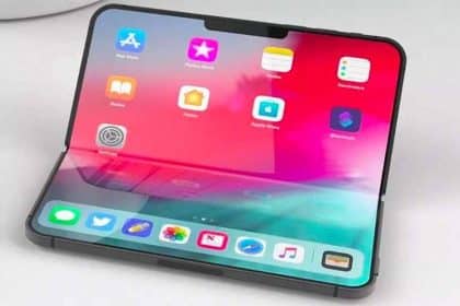 Foldable iPhone opened to show a large touchscreen display.
