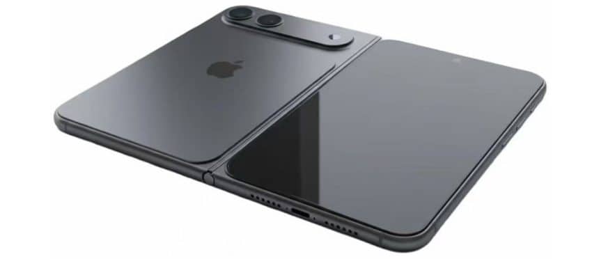 Foldable iPhone opened flat showing dual screens.