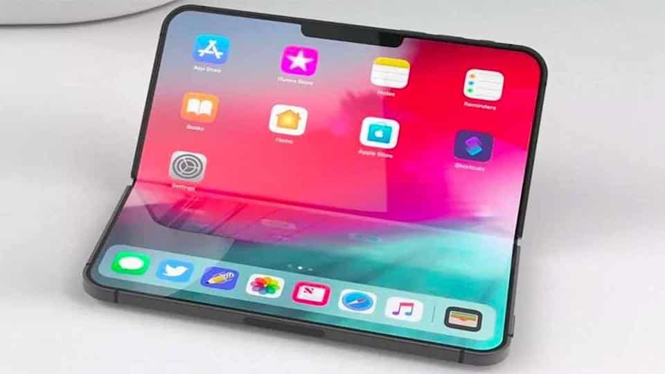 Foldable iPhone opened to show a large touchscreen display.