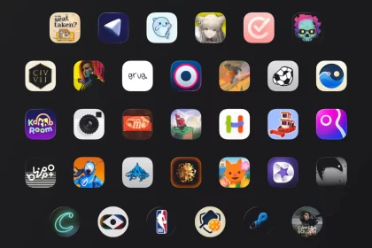 Apple Design Awards finalist app and game icons displayed in a grid.