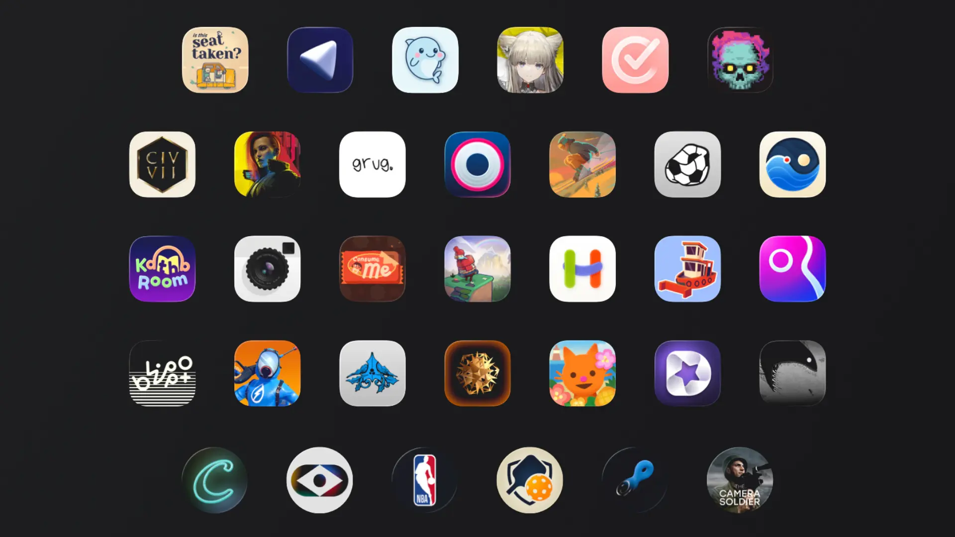 Apple Design Awards finalist app and game icons displayed in a grid.