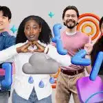 Four Apple Swift Student Challenge winners posing with colourful graphic elements.