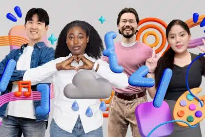 Four Apple Swift Student Challenge winners posing with colourful graphic elements.