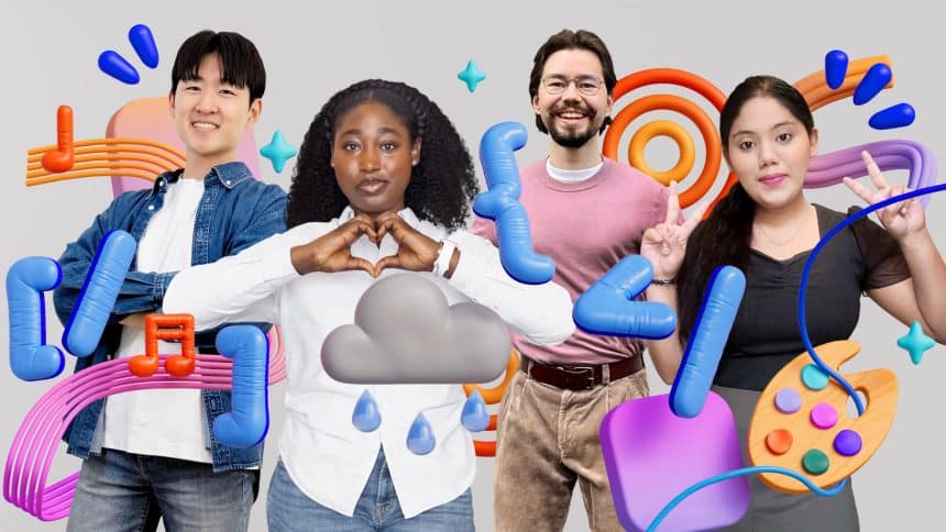 Four Apple Swift Student Challenge winners posing with colourful graphic elements.