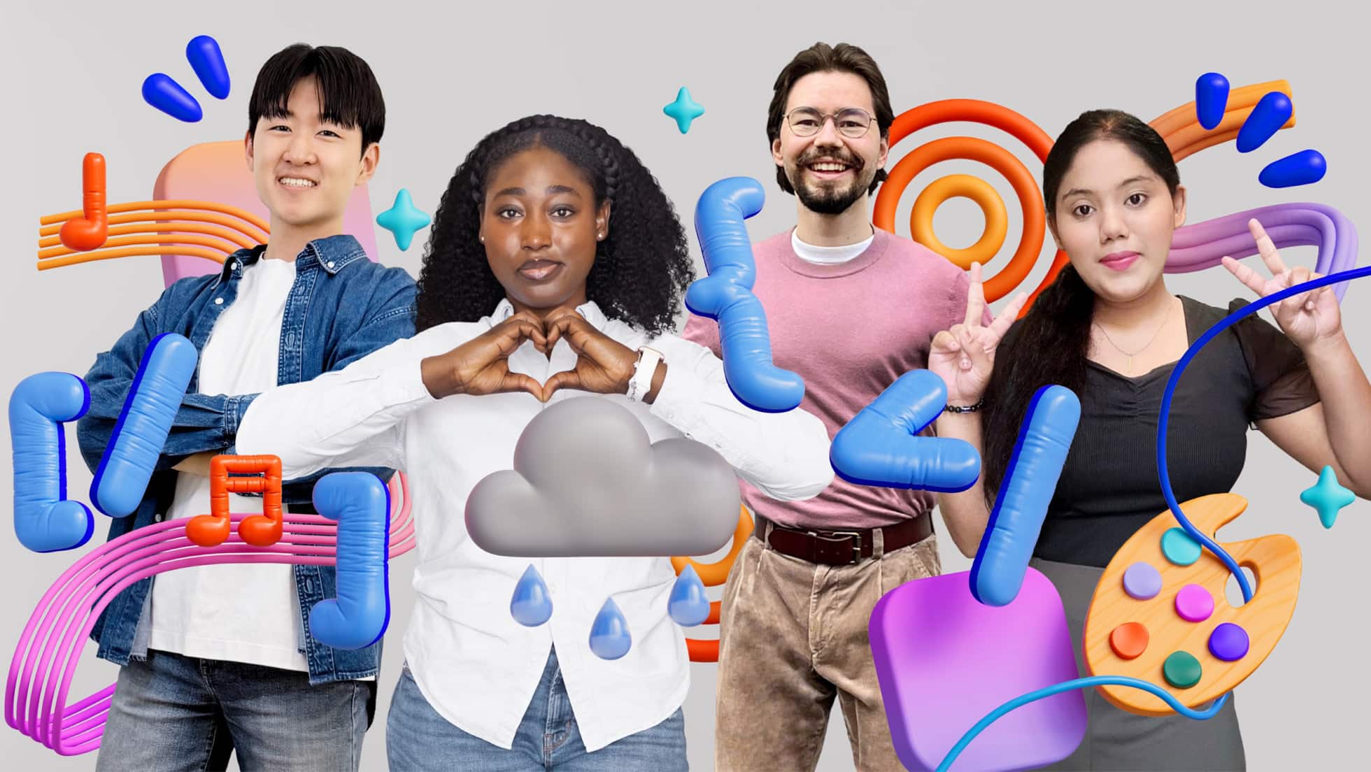 Four Apple Swift Student Challenge winners posing with colourful graphic elements.