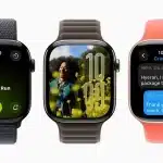 Three Apple Watches showing fitness, watch face, and messaging features.