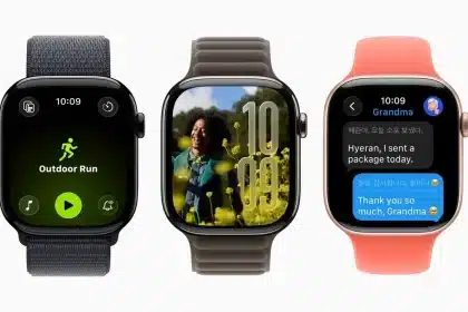Three Apple Watches showing fitness, watch face, and messaging features.