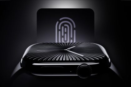 Apple Watch concept image with fingerprint authentication icon.